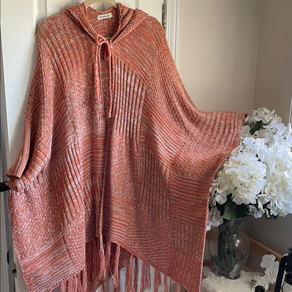 Paparazzi Women's Sweater Poncho Cape Wrap in Orange & White Light Knit Softness